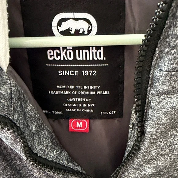 Ecko Unlimited Grey Hooded Puffer Vest with White Sleeves - Picture 2 of 3